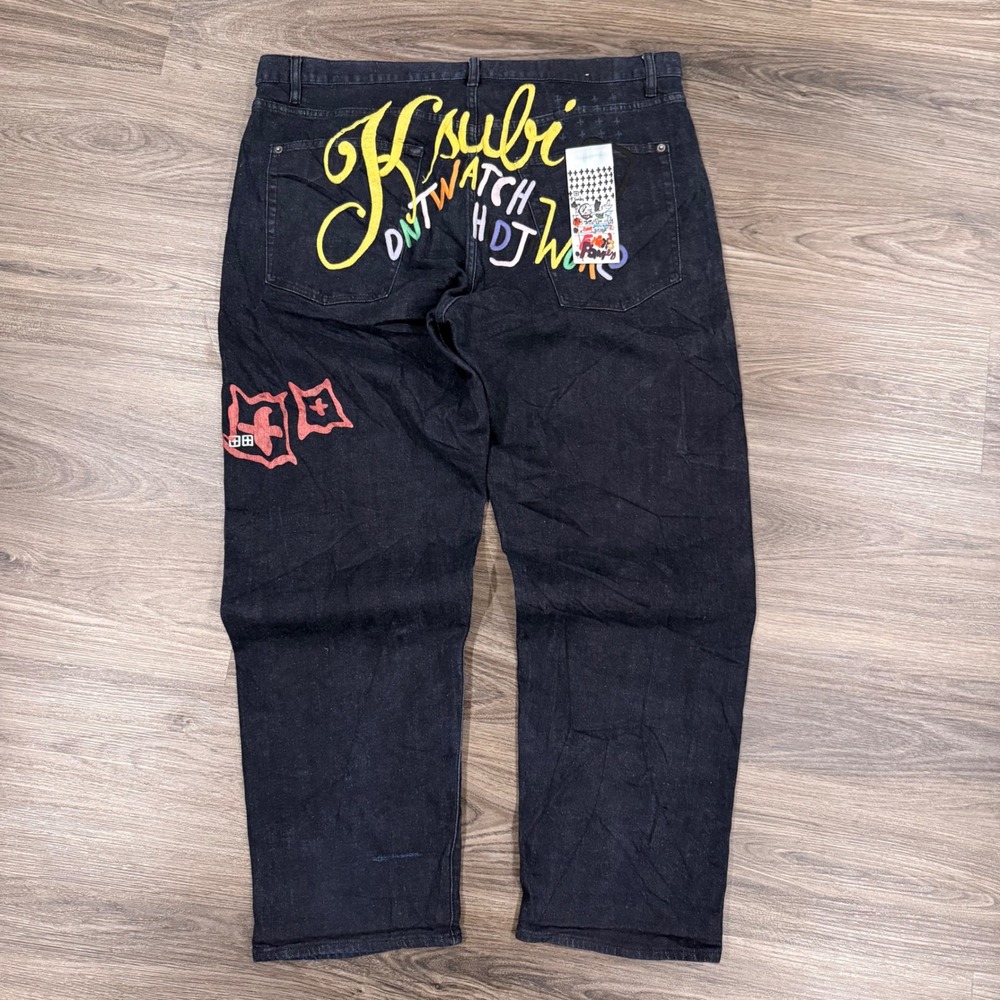 Ksubi Dark Wash Distressed Graphic Print Denim Selvidge button fly Jeans 40x30 - Picture 4 of 11